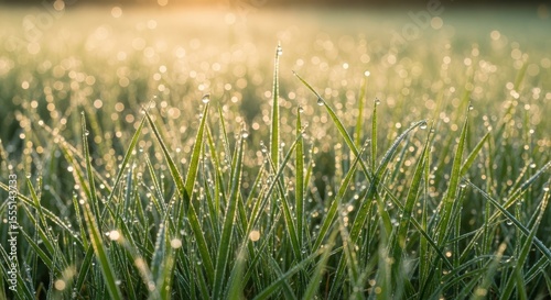 Close up of green grass blades covered in morning dew drops at sunrise