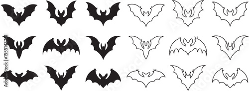 Set of Flying Bat Silhouettes and Outline Illustrations for Halloween