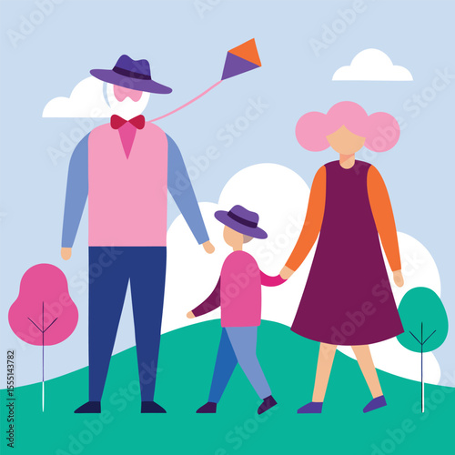 Happy Family Enjoying a Sunny Day Outdoors Walking and Flying a Kite