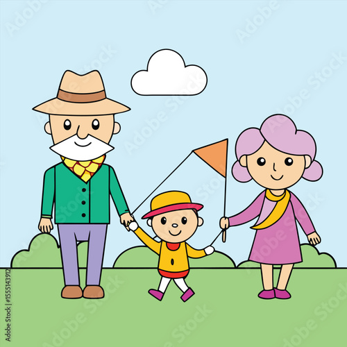Grandparents and Grandchild Enjoying a Sunny Day Outdoors Holding Hands and Flying a Kite