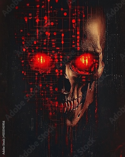 Glitching digital skull with glowing red eyes as a malware metaphor
