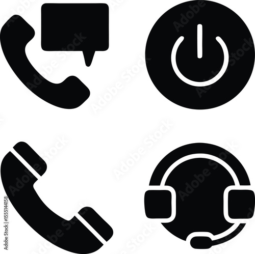 Black phone icons and power symbol on white background