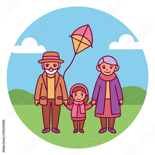 Happy Grandparents and Grandchild Enjoying a Kite Flying Day Outdoors