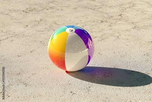 Vibrant Rainbow Beach Ball on Sandy Summer Surface Sunlit Vacation Fun