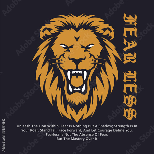 Fierce lion head graphic design featuring motivational quote perfect for gym apparel and fitness branding