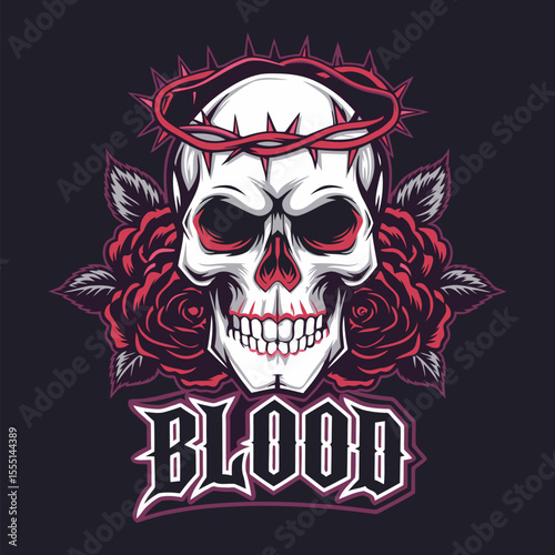 Gothic skull design featuring a crown of thorns and red roses perfect for dark art and tattoo designs