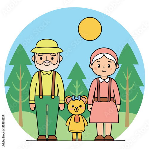 Happy Grandparents with Grandchild and Teddy Bear in a Sunny Forest Scene