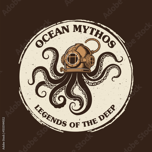 Vintage octopus with diving helmet design showcasing ocean myths legends perfect for nautical themed apparel and branding