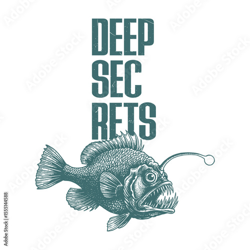 Engraved anglerfish illustration with Deep Secrets text perfect for nautical and ocean themed designs