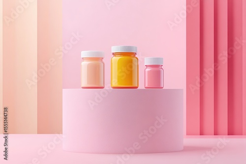 Vibrant, multicolored supplement bottles on a pink podium, with a simple and minimalistic design