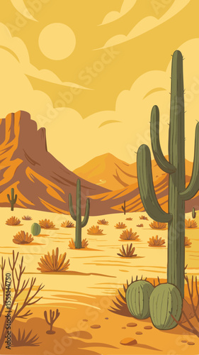 Vector Illustration of Cactus in Dry Desert Landscape