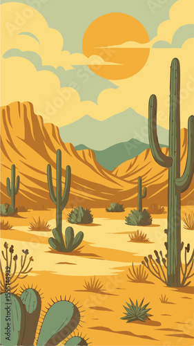 Vector Illustration of Cactus in Dry Desert Landscape