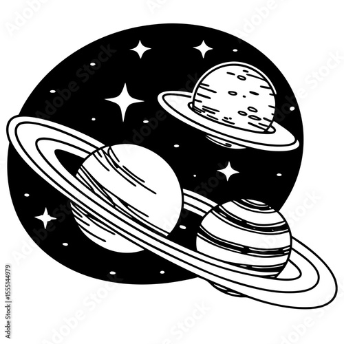 Space Illustration Planets and Stars Vector Black and White Design