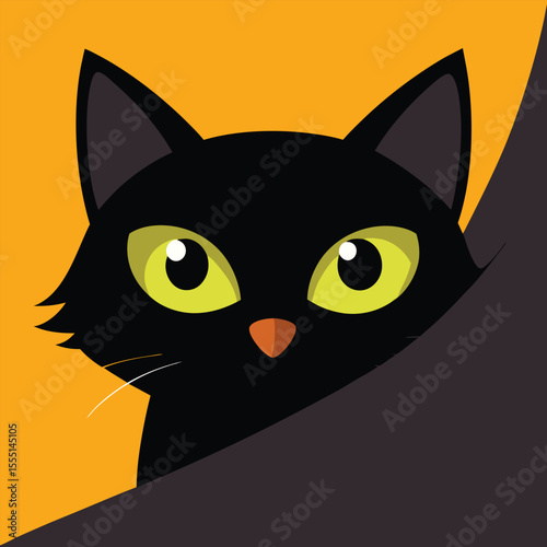 A cute black cat with big yellow eyes peeks from behind a dark surface