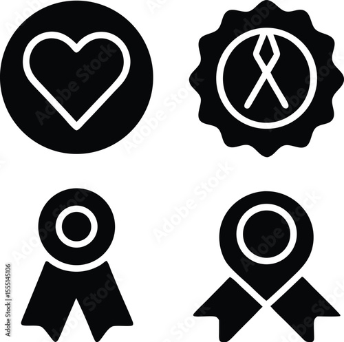 Black silhouette icons of heart and ribbons heart icon