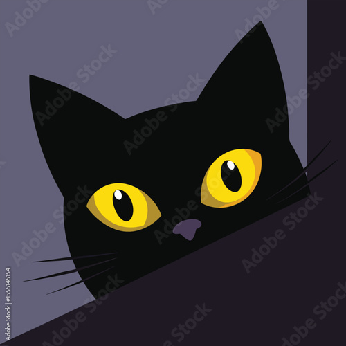 A cute black cat with big yellow eyes peeks from behind a dark surface