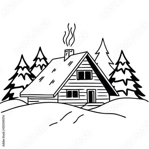 Vector Illustration of Cabin in Winter Snow Scene Line Art