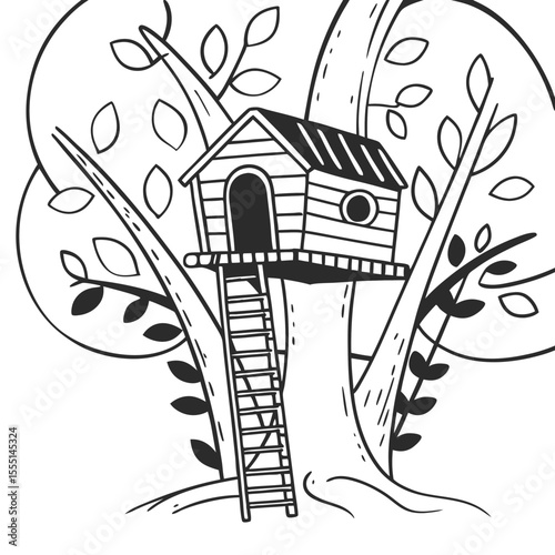 Treehouse Vector Illustration Tree House Line Art Drawing