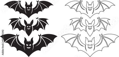 Set of Flying Bat Silhouettes and Outline Illustrations for Halloween