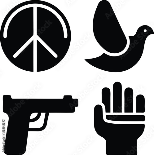 Black silhouette icons peace dove gun raised fist peace sign
