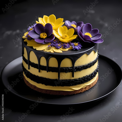 Elegant Layered Cake Decorated with Purple and Yellow Flowers on Black Plate  