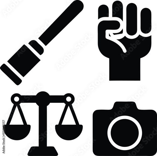 Black silhouette icons police baton scales camera raised fist