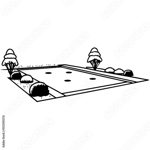 Garden Landscape Vector Illustration Black and White Outline Design