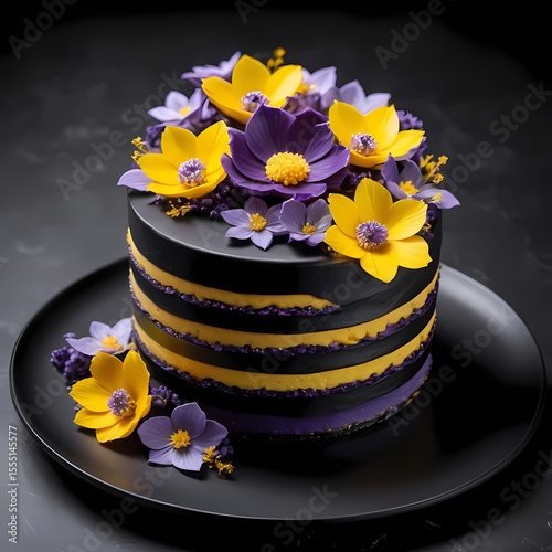 Elegant Layered Cake Decorated with Purple and Yellow Flowers on Black Plate  