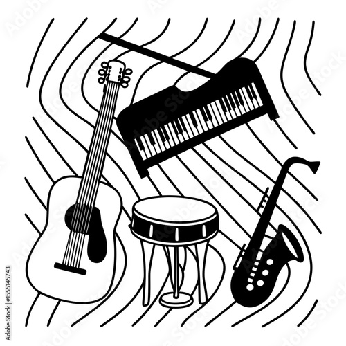 Musical Instruments Vector Art Guitar Piano Saxophone and Drums