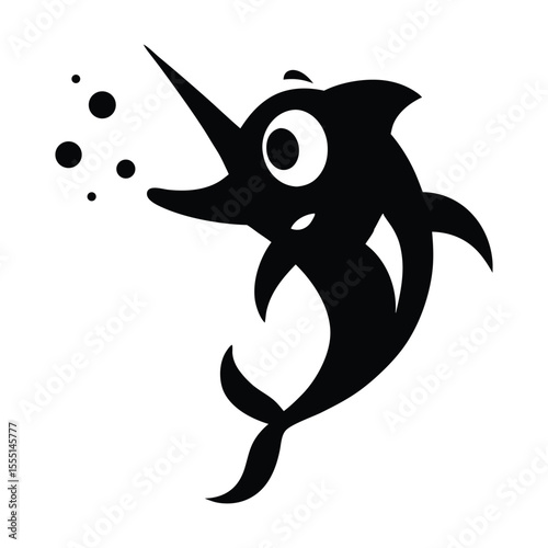 Black silhouette of a cartoon swordfish blowing bubbles