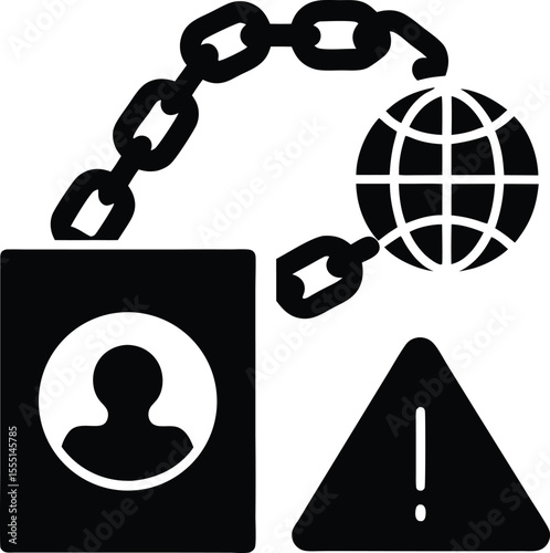 Black silhouette of a chained globe and person icon with warning sign