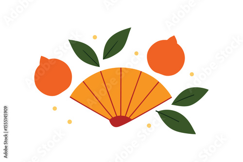 Vibrant Orange Hand Fan and Mandarin Oranges A Festive Illustration