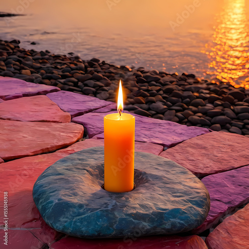 Single Lit Candle on Colorful Stone Surface at Sunset  