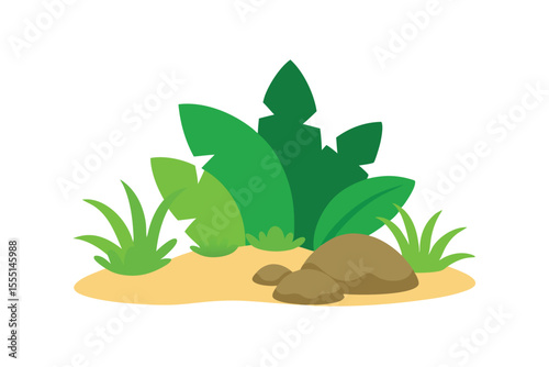 Vibrant Green Tropical Foliage and Rocks Lush Island Vegetation Illustration