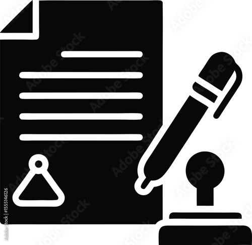 Black silhouette of document with pen and stamp paper
