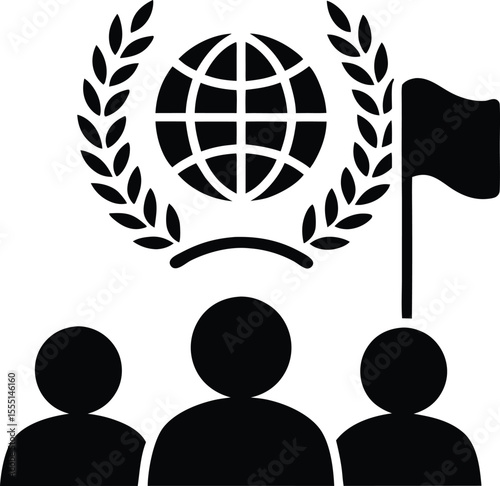 Black silhouette of globe with laurel wreath and people