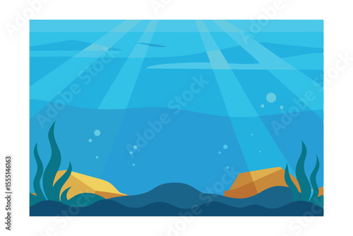 Underwater Scene Sunbeams Illuminate Ocean Floor, Seaweed, and Rocks