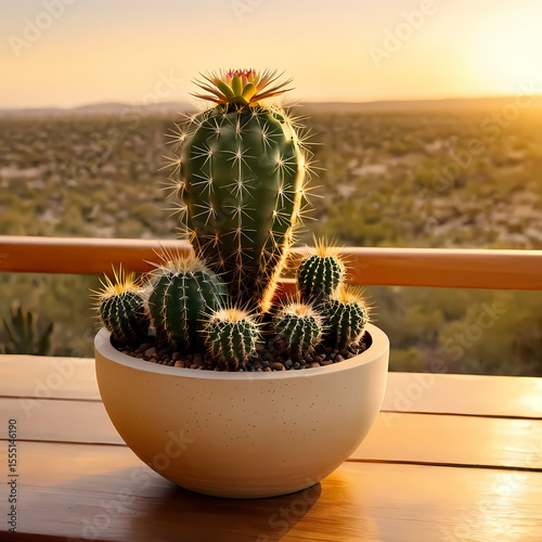 Small Cactus in Beige Pot on Wooden Desk at Sunset  