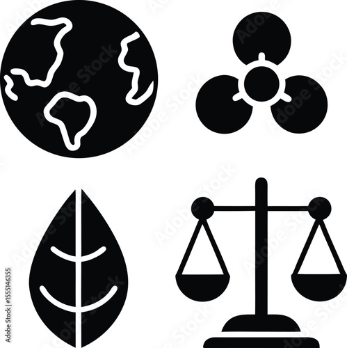 Climate justice icons earth leaf scales molecule globe