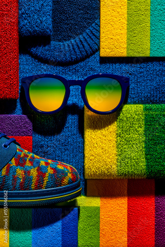 An abstract flat lay composition featuring a blue knit sweater and a vibrant patterned shoe, surrounded by textured multi-colored fabric squares, with rainbow-tinted sunglasses on the sweater.