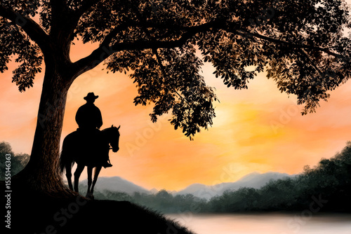 Silhouette of a man on horseback under a large tree against a vibrant sunset over a tranquil lake and distant mountains.