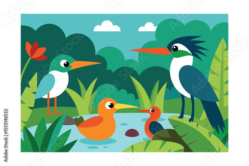 Vibrant Tropical Birds in Lush Paradise A Colorful Illustration