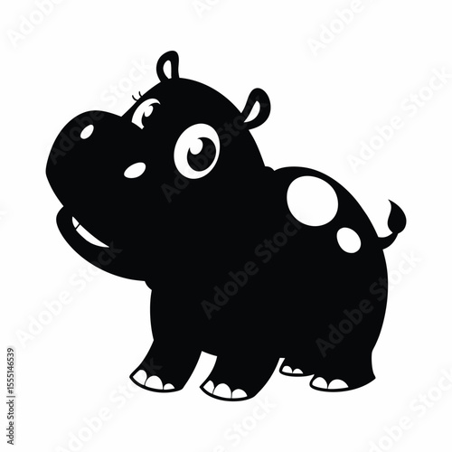 Cute black hippopotamus with white spots on white background