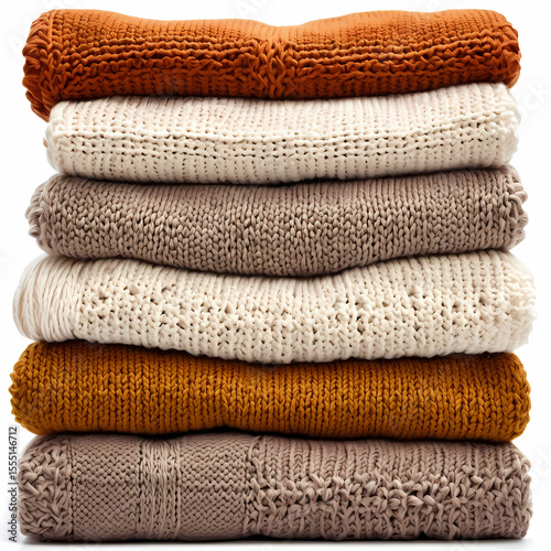Stacked Knitted Cloths in Earthy Tones on White Background  