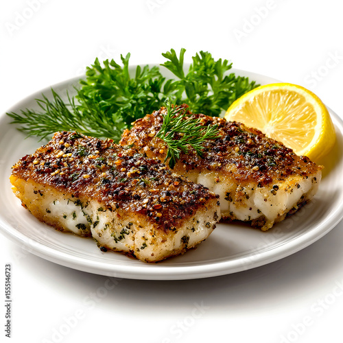 Two herb-crusted cod fillets with lemon and fresh greens on white background.