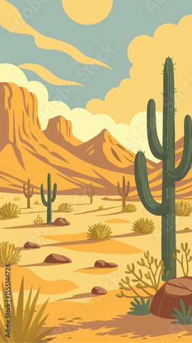 Vector Illustration of Cactus in Dry Desert Landscape