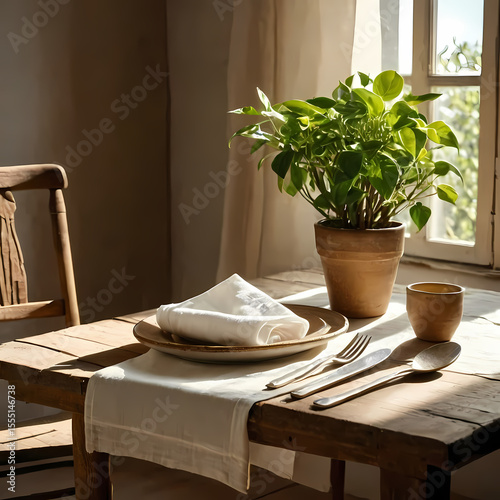 Sunlit Rustic Interior with Linen Napkin and Plant  