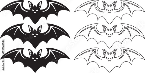 Set of Flying Bat Silhouettes and Outline Illustrations for Halloween