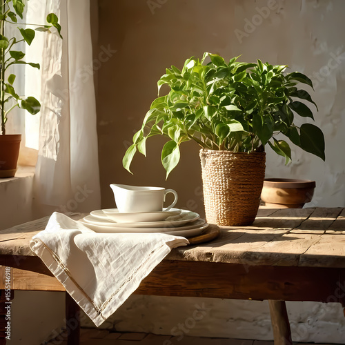 Sunlit Rustic Interior with Linen Napkin and Plant  
