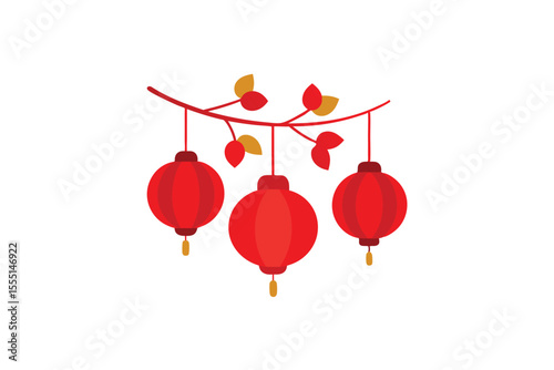 Vibrant Red Lanterns Hanging from a Branch Festive Asian Decor